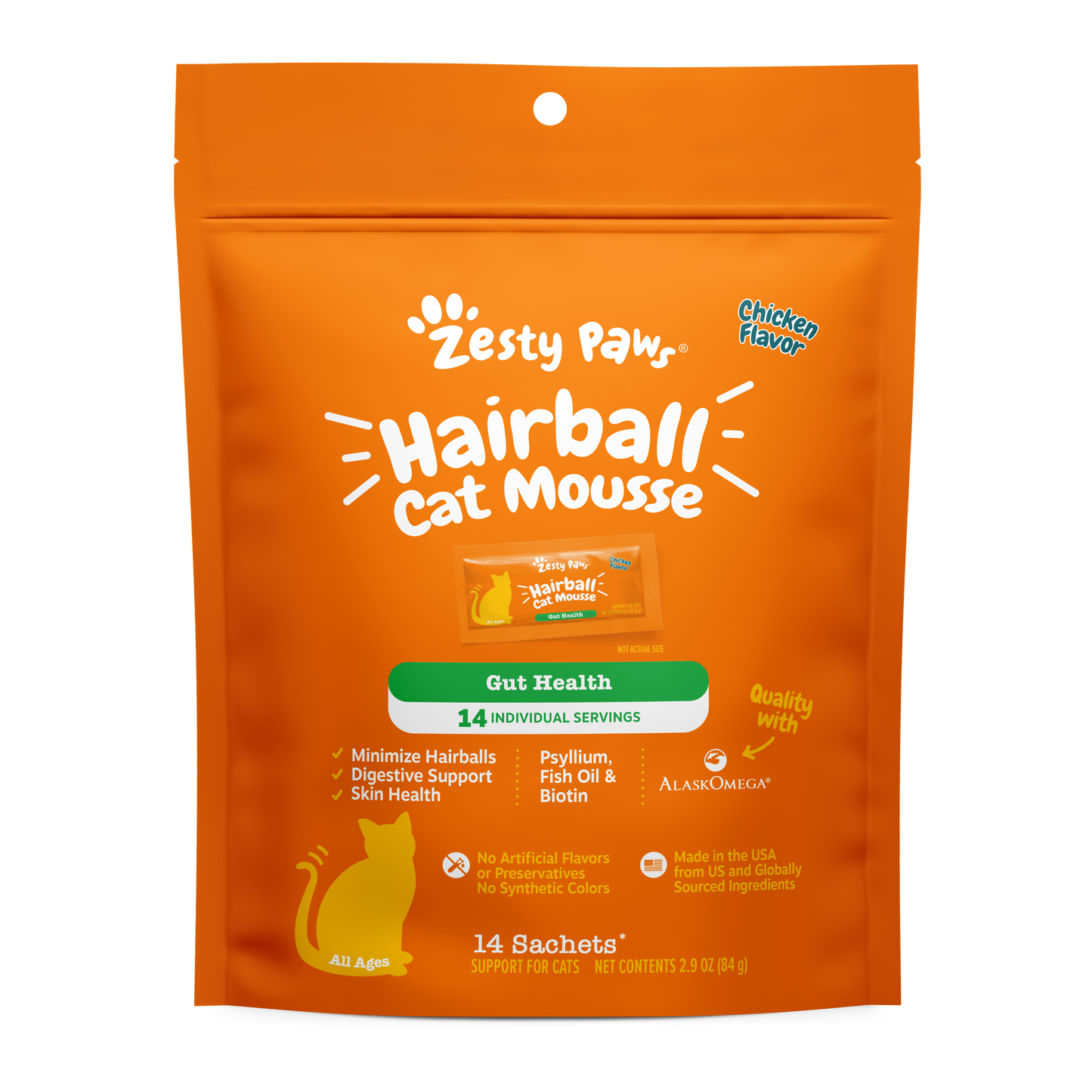 Zesty Paws Cat Mousse Hairball, Chicken, 14ct Pouch