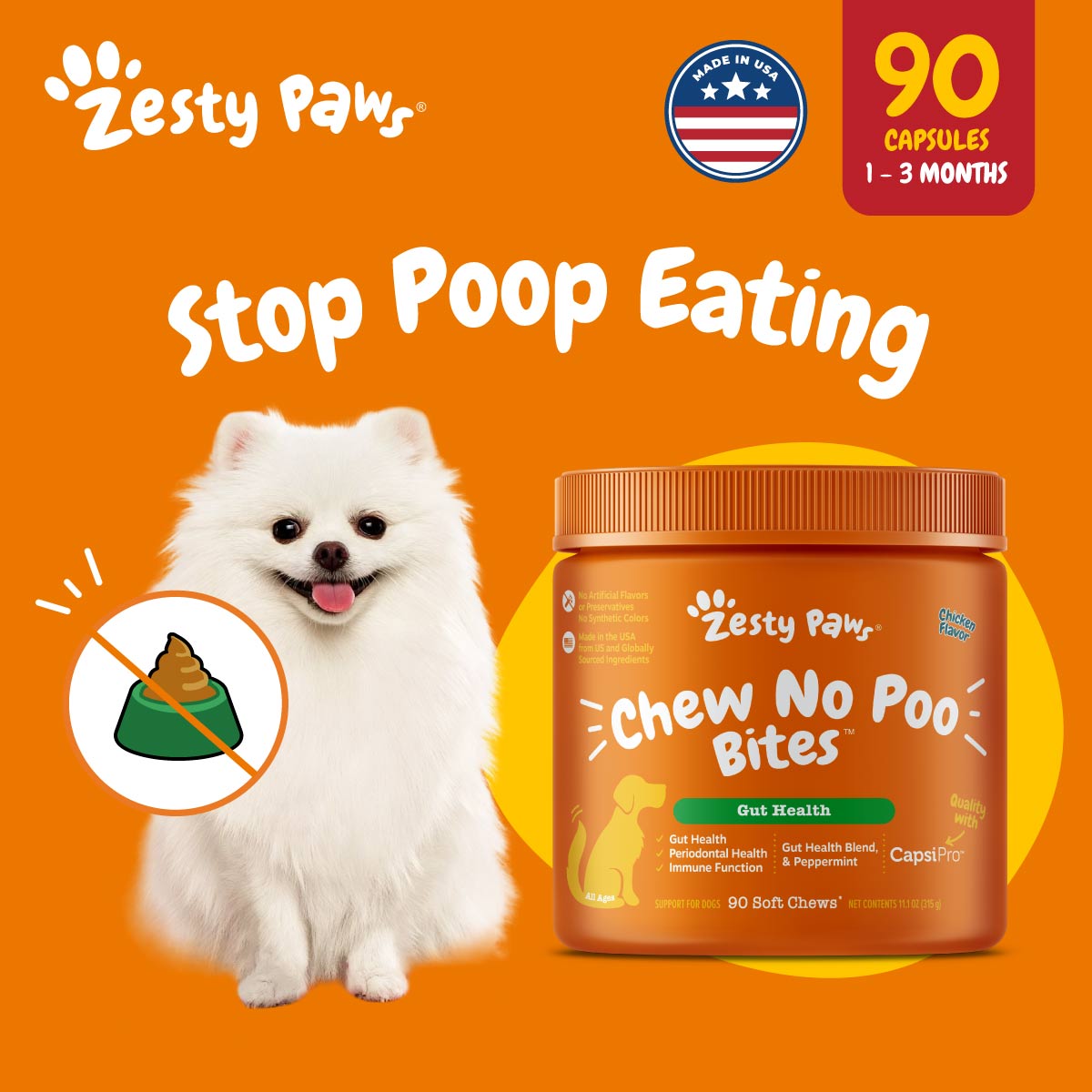 Zesty Paws Chew No Poo Bites (Gut Health) Chicken Flavour Dog Supplements, 90 Soft Chews