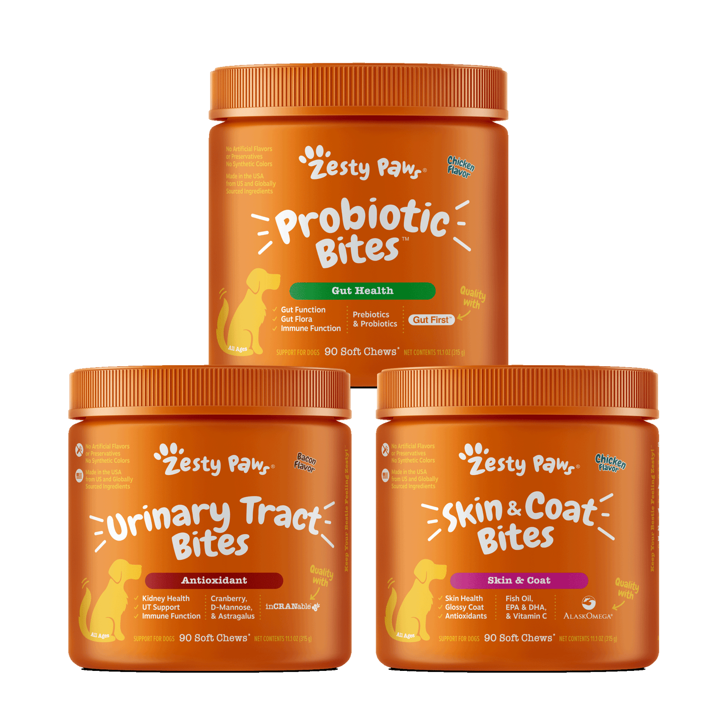 Zesty Paws Inside-out Bundle (Skin & Coat, Urinary Tract & Probiotic Bites 90ct)